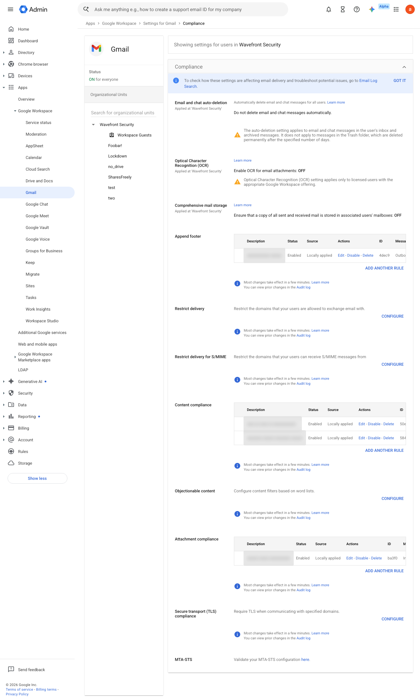 Admin console screen — Apps > Google Workspace > Gmail > Compliance (comprehensive mail storage)