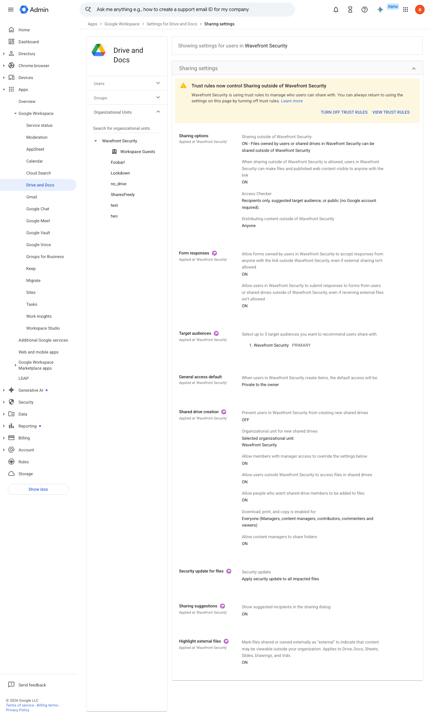Admin console screen — Apps > Google Workspace > Drive and Docs > Sharing settings > Shared drive creation